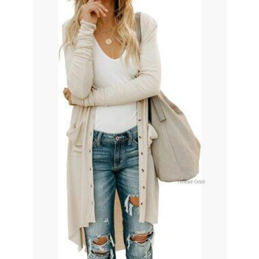 Long Sleeve V-Neck Open Front Cardigan with Pockets High Low Hem
